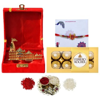 Rakhi Gift Combo for Brother - Ram Rakhi with Ram Mandir Showpiece, Chocolate, and Roli Chawal Chopra