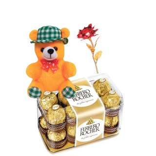 Chocolate with Golden Red Rose & Teddy