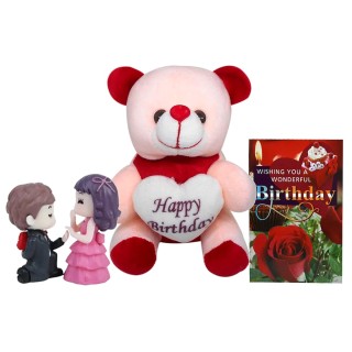Birthday Gift Combo for Girlfriend and Boyfriend - Love Couple Showpiece, Greeting Card, and Teddy Bear
