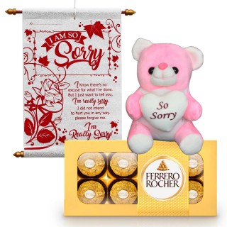 Apology / Sorry Gift for Girlfriend, Boyfriend - Sorry Scroll Card, Gift Box with Soft Toy Teddy Bear and Chocolate Box