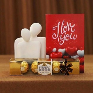 Love Gift Combo for Valentine's Day - Love Greeting Card, Hugging Couple Miniature & Chocolate Box