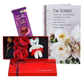 Sorry Gift for Girlfriend, Boyfriend - Sorry Greeting Card, Silk Chocolate and Golden Rose with 12 Scented Red Rose