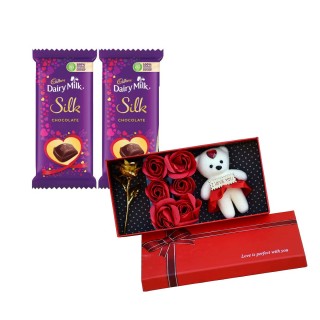 Best Love Gifts for Girls, Boys - Love Gift Box with Small Teddy, 1 Golden Rose and 6 Red Roses and 2 Chocolate
