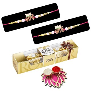 Rakhi Gift Combo for Brother - Bhai Rakhi (Pack of 2) with Chocolate & Roli Chawal Platter