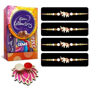 Kids Rakhi Combo - Elephant Rakhi (Set of 4) with Chocolate & Lotus Roli Chawal Plate