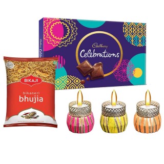 Celebration Chocolate Box with Bhujia Namkeen And Designer Tea Light Candles