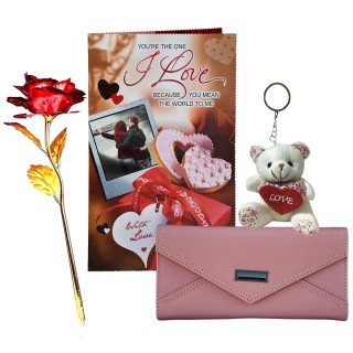 Special Gift Combo for Wife, Girlfriend - Love Greeting Card, Golden Red Rose, Hand Wallet, Teddy Bear Keychain