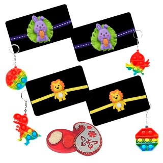 Set of 4 Cartoon Rakhi for Kids with 4 Popit Toy Keychain