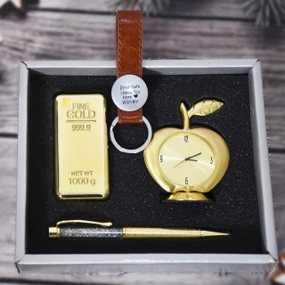 Gift for Men, Boys - Apple Clock, Crystal Pen, Paper Weight & Premium Leather Keychain