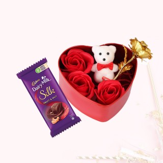 New Year Love Gift for Girlfriend, Boyfriend - Heart Shape Box with Teddy, 1 Golden Rose, 3 Red Rose and Chocolate