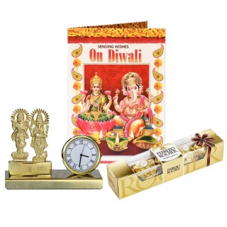 Diwali Gift Combo - Diwali Greeting Card, Chocolate & Metal Lakshmi Ganesha with Clock Showpiece