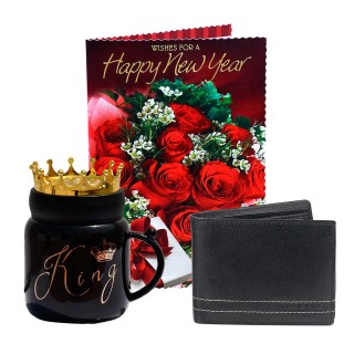 A Greeting Card And King's Crown Mug With Leather Men's Black Wallet