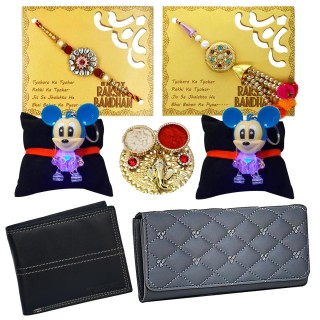 Designer Lumba Rakhi with Women Wallet, Rakhi with Men Wallet, 2 Cartoon Rakhi