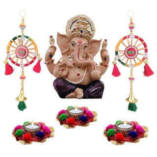Ganesha Idol with Hanging Shubh Labh and Decorative Candles