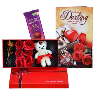 Valentine Gift for Wife, Girlfriend - Love Card, Chocolate and Small Teddy with Golden Rose and 6 Red Rose Flowers