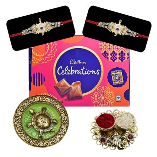 Rakhi for Brother with Chocolate Gift and Metal Feng Shui Tortoise or Kachuaa with Roli Chawal