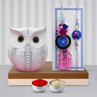 Evil Eye Rakhi for Brother and Bhabhi with Gift Owl Showpiece | Good Luck Gift