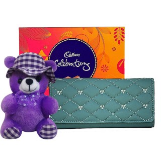 Rakhi Gift for Sister - Cadbury Celebration, Soft Toy & Women's Wallet