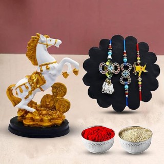 Family Rakhi Set of 3 Combo with Good Luck Horse Showpiece and Roli Chawal Pack