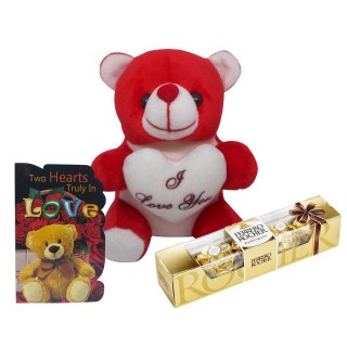 Love Gift for Girlfriend or Wife - Soft Teddy with Small Greeting Card & Ferrero Rocher Pack 4