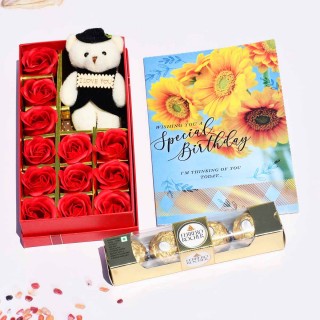 Birthday Gift for Girls, Boys - Birthday Greeting Card, Love Gift Box with Soft Teddy and 12 Scented Roses