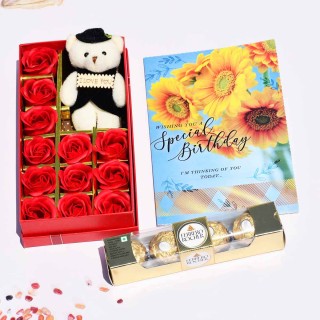 Birthday Gift for Girls, Boys - Birthday Greeting Card, Love Gift Box with Soft Teddy and 12 Scented Roses