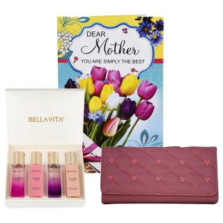 Birthday Gift Combo for Mother - Greeting Card, Hand Wallet, and Perfume Gift Set