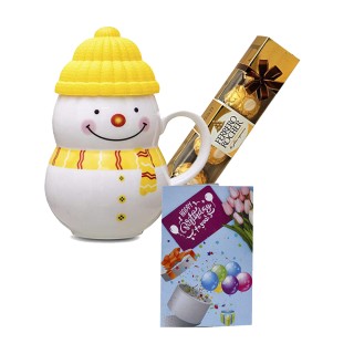 Birthday Greeting Card with Snowman Coffee Mug And Chocolate