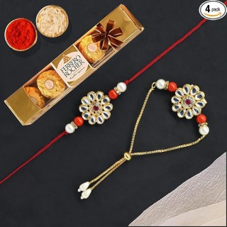 Rakhi for Bhaiya & Bhabhi - Kundan Rakhi Combo & Floral Lumba Bracelet with Chocolate Gift