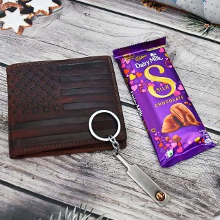 Best Gift for Boys, Men - Chocolate, Genuine Leather Wallet and Cricket Bat Keychain