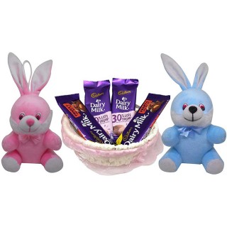 Gifts for Kids with Chocolate Gifts - Set of 2 Rabbit Toys & 4 Chocolates with Basket