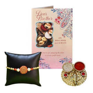 Bhai Dooj Gift for Brother - Greeting Card, Designer Thread & Roli Chawal Chopra-Bhai Dooj Gift Set