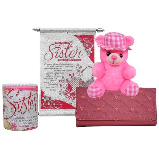 Rakhi Gift For Sister - Soft Teddy, Scroll Card, Coffee Mug & Womens Wallet