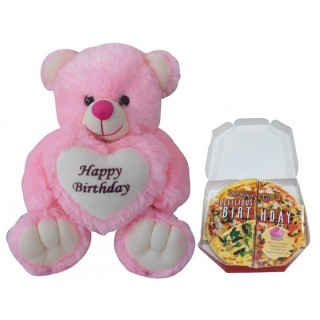 Happy Birthday Teddy With Pizza Themed Greeting Card