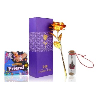 Gift for Friend - Artificial Red Golden Rose, Pocket Size Greeting Card & Message Bottle
