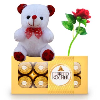 Love Gift Hamper - Teddy Bear with Chocolate Box and Artificial Red Rose