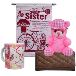 Rakhi Gift For Sister - Soft Teddy, Scroll Card, Coffee Mug & Womens Wallet