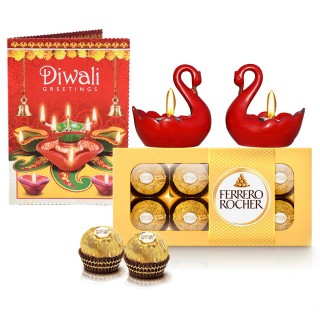 Chocolate Box With Swan Pair Tea Light Candle Holders and Diwali Greeting Card