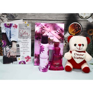 Best Gift for Sister - Greeting Card, Dear Sister Teddy Bear, Pinkberry Perfume and Deo Gift Set