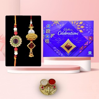 Designer Stone Rakhi for Bhai Bhabhi with Chocolate Box