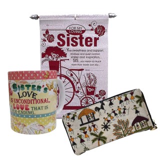 Rakhi Gift For Sister - Scroll Card, Coffee Mug & Womens Wallet