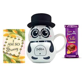 Sorry Greeting Card with Panda Coffee Mug with Lid & Chocolate