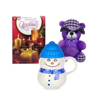 Christmas Gift for Girls - Teddy Bear with Ceramic Snowman Mug and Christmas Card