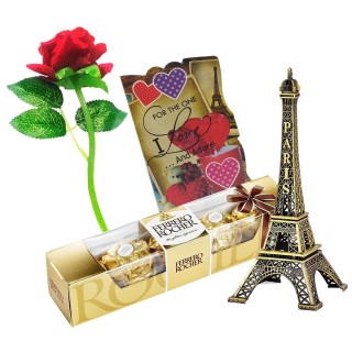 Unique Love Gift for Boyfriend, Girlfriend - Greeting Card, Eiffel Tower, Red Rose Flower, Chocolate Pack