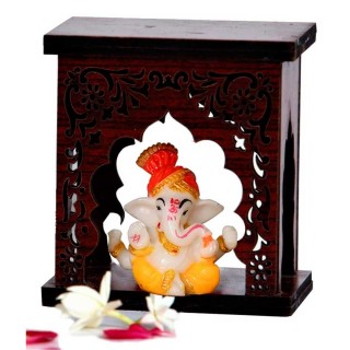 Orange Ganesha Statue with Small Wooden Temple for Car Dashboard, Home and Gift