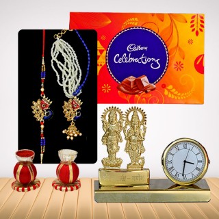 Bhai Bhabhi Rakhi Pair, Chocolate Pack and Laxmi Ganesha with Clock Showpiece