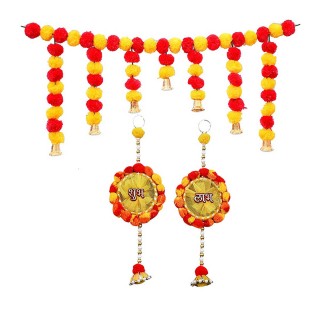 Artificial Marigold Flower Door Hanging Toran with Decorative Shubh Labh