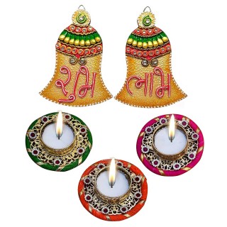 Handcrafted Wooden Shubh-Labh Pair With Decorative Tea Light Candles