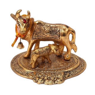 Brass Kamdhenu Cow and Calf Statue for Pooja, Home Vastu Gift