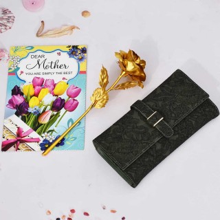 Gift for Mom - Greeting Card, Artificial Golden Rose and Women Hand Clutch